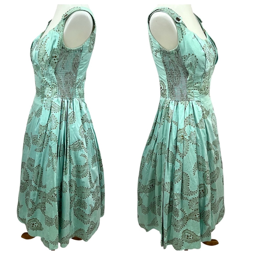 Vintage Alfred Shaheen Hawaiian Seafoam Gold Metallic Paisley Bombshell Dress - Picture 7 of 17